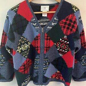 Vintage Susan Bristol Zip Up Patchwork Chunky Handknit Cardigan Sweater SZ PS